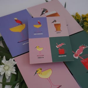 バードカクテルポストカードパックA、5枚セット、20ドル以下のギフト、鳥の文房具セット、鳥の駄洒落イラスト、ユニークなアートポストカード