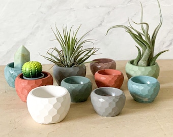 Small Concrete Planter Bowl - Mini Succulent Pot Air Plant Holder Ring Dish Faceted Modern Home Decor Miniature