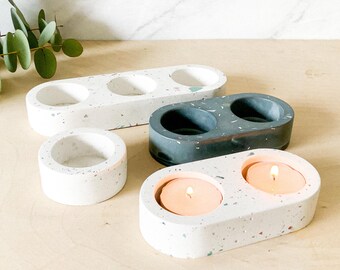 Handmade Terrazzo Tea Light Candle Holder Set - Colorful Speckled Concrete Modern Minimalist Home Decor Accent Votive
