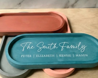 Custom Concrete Tray Personalized Family Name Est Rounded Minimal Catchall Laser Etched Modern Vanity Logo Design