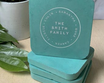 Custom Concrete Coasters Set - Laser Etched Personalized Family Name Design - Housewarming Gift