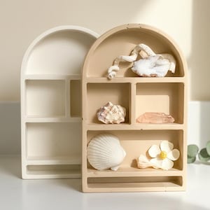 May include: Two arched display shelves with multiple compartments. One shelf is white, and the other is beige. The beige shelf contains various seashells, a white flower-shaped object, and a small geode piece arranged on its ledges.