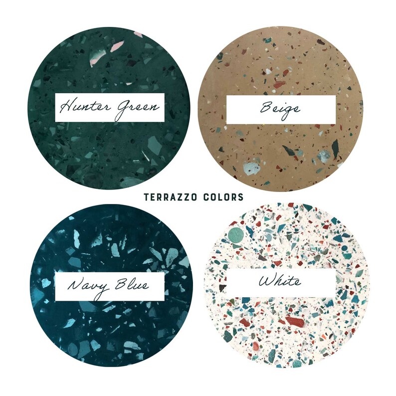 May include: Four different terrazzo colors: hunter green, beige, navy blue, and white. Each color is shown in a circle with a white label with the color name.
