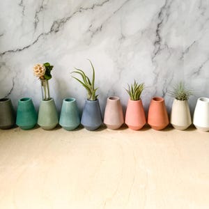 Puede incluir: Un conjunto de diez pequeños jarrones de cerámica en varios colores, incluyendo gris, verde, azul y rosa. Los jarrones están dispuestos en una fila sobre una superficie de color claro. Algunos de los jarrones tienen pequeñas plantas en ellos.