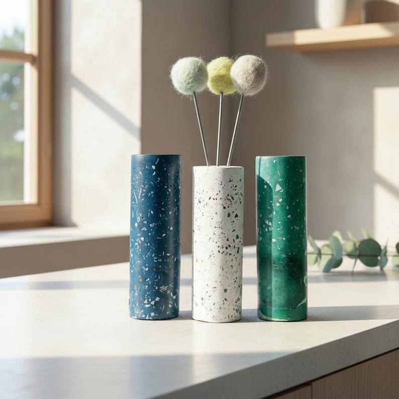 Contemporary Terrazzo Cement Metal Vase for Indoor Decor image 1