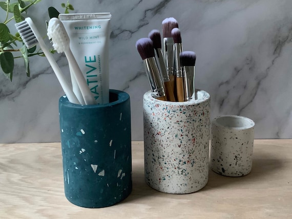 Terrazzo Pen Pot for Office, Bathroom Storage, Concrete Home Decor, Modern Desk Accessories