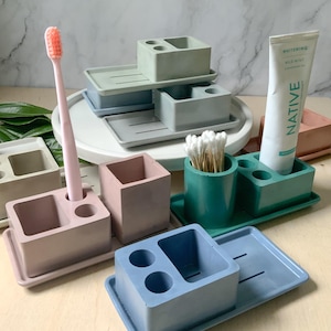 Vibrant Concrete Bathroom Accessories | Modern Minimalist Decor Set for Stylish Countertops