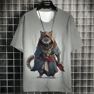Camiseta Samurai Cat para hombre - Streetwear verano casual camiseta gráfica de gran tamaño, camiseta unisex, regalo perfecto, regalo de hombre, regalo de mujer