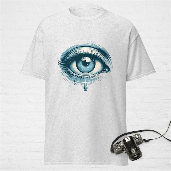 Reflecterend kunst-T-shirt: blauw en grijs melancholisch oog - emotionele mode-top met aangrijpende schoonheid - verdriet en tranen T-shirt