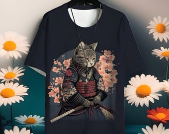 Samurai Cat T-shirt - Trendy Short Sleeve Tee - Summer