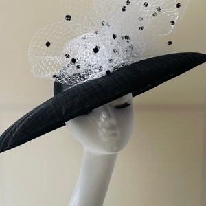 Ascot ladies race day occasion coco  headpiece hat fascinator in black and mono veil  detail