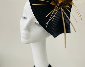 Ascot ladies race day occasion headpiece hat fascinator in black with quill and gold flower detail  or bespoke colour ways