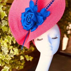Ascot ladies race day occasion  disc headpiece hat fascinator in hot pink and colbalt with quill and double back silk flower detail