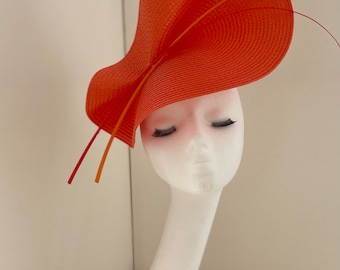 Ascot ladies race day occasion  headpiece hat fascinator bespoke in orange citrus with double quill detail