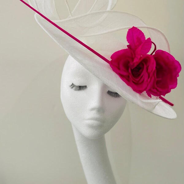 Ascot ladies race day occasion boater headpiece hat fascinator in white with curls ,pink quill and silk flower  detail