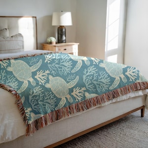 Cobertor de tartaruga marinha, decoração de casa costeira, presente para amantes da praia, roupa de cama com estampa de animais, tapeçaria de criatura subaquática