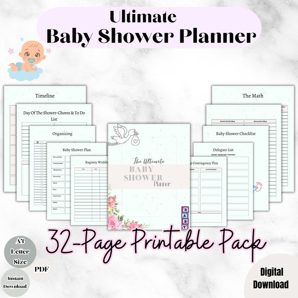 Printable PDF Baby Shower Planner, Baby Shower Planner, Planning a Baby Shower, Digital Download, Instant Download, Baby Shower Checklist