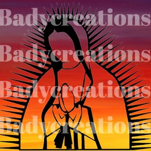 May include: A silhouette of a religious figure with outstretched arms and a halo, set against a vibrant gradient background of orange, red, and yellow. The image has the text "Badycreations" overlaid on it.