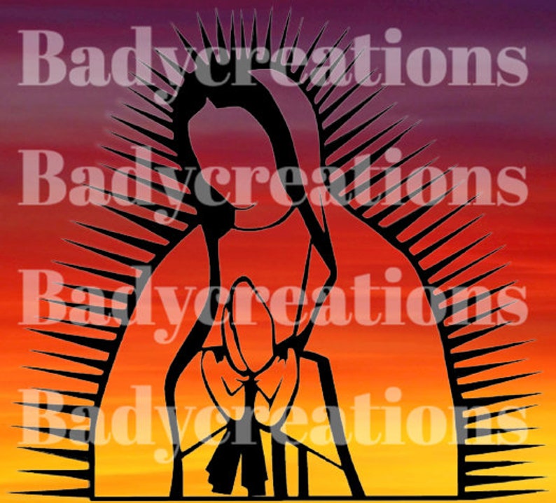 May include: A silhouette of a religious figure with outstretched arms and a halo, set against a vibrant gradient background of orange, red, and yellow. The image has the text "Badycreations" overlaid on it.