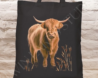 Highland Cattle Cow Cotton Canvas Black Tote Bag Shopper Bag Gift For Her Hairy Cow Highland Cow Cotton Tote Bag Scottish Highlander