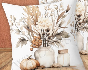 Fall Florals Pumpkin Home Decor Square Pillow Rustic Throw Pillow Autumn Florals and Pumpkin Decor Autumn Farmhouse Style Sofa Accent
