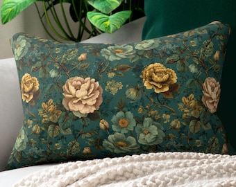 Vintage Style Floral Design Sofa Cushion Teal Throw Pillow Home Decor Living Room Accent Piece Housewarming Gift Cottage Core Bedroom Accent