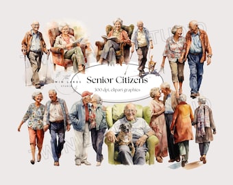 Watercolor Senior Citizens Elderly Couples Older Man Older Woman Clipart Digital Download, Commercial Use