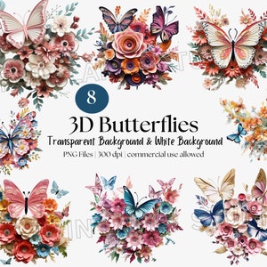 3D wunderliche schöne Schmetterlinge und Blumen - Blumen Wandkunst - Schmetterling Clipart - Digital Download - Kommerzielle Nutzung