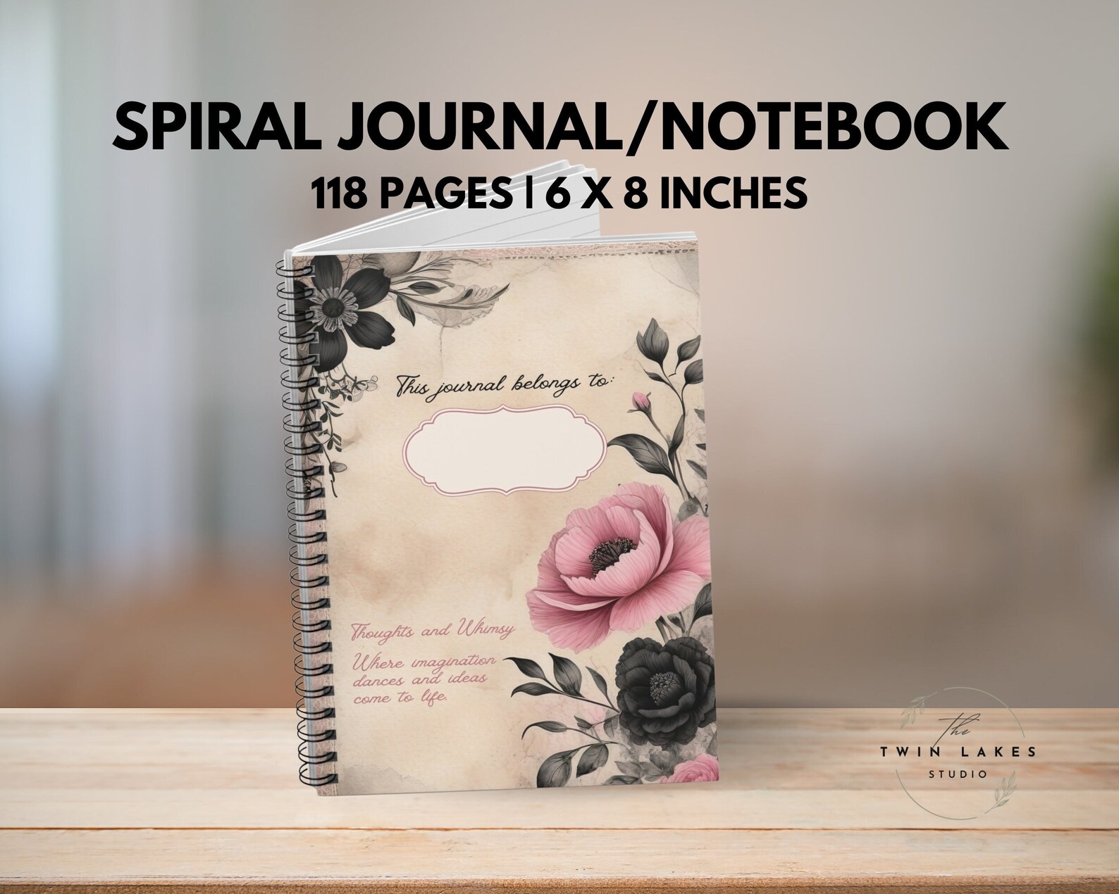 Vintage Black & Pink Roses 6x8 Spiral Notebook - Ruled Line | Ruled ...