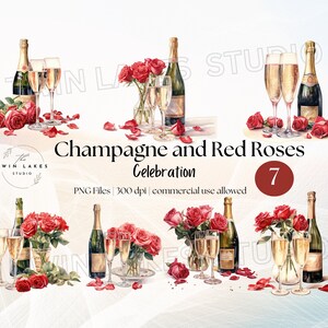Aquarelle célébration champagne - roses rouges - verres à champagne - clipart - téléchargement numérique - usage commercial