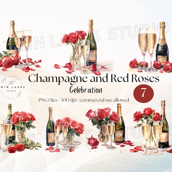 Watercolor Celebration Champagne - Red Roses - Champagne Glasses - Clipart - Digital Download - Commercial Use