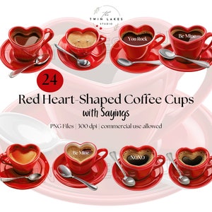 Xícaras de café em formato de coração vermelho - Dia dos Namorados - Dia dos Namorados - Clipart - Download digital - Uso comercial