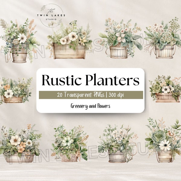 Rustic Planter with Greenery and Flowers - Cottagecore Watercolor Flower Planter - Clipart - Digital Download - Commercial Use