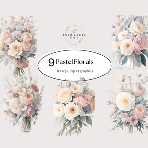 パステルカラーの花のクリップアート、水彩画の花、ソフトカラーパレットの花、花束、ウェディングフラワー、ブライダルブーケ、商業用
