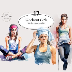 Watercolor Workout Girls Gym Fitness Watercolor Clipart Digital Download Commercial Use