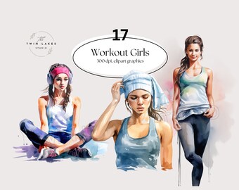 Watercolor Workout Girls Gym Fitness Watercolor Clipart Digital Download Commercial Use