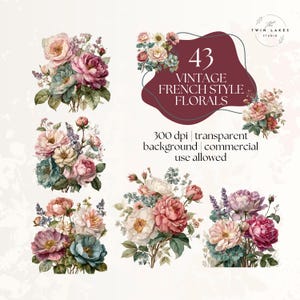 Aquarel vintage bloemenboeket clipart, elegante bloemen illustratie, tuin bloei, romantische pastel bloemen in Franse stijl, commercieel gebruik