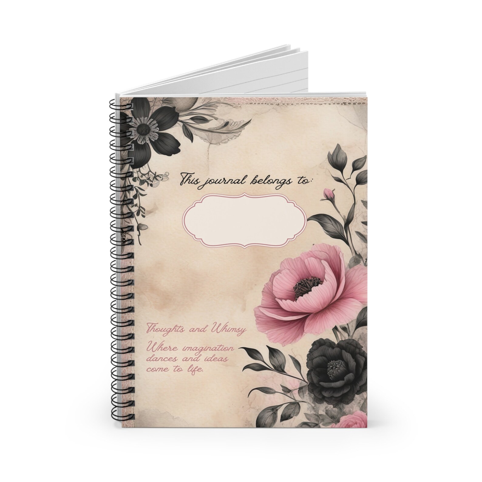 Vintage Black & Pink Roses 6x8 Spiral Notebook - Ruled Line | Ruled ...