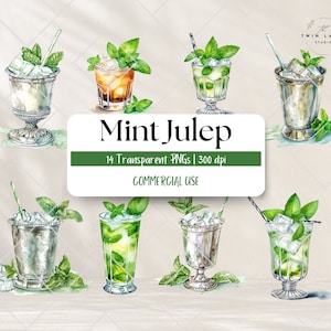 Puede incluir: Ilustraciones de acuarela de cócteles de mint julep en varios estilos. Las ilustraciones presentan diferentes tipos de vasos, cubitos de hielo, hojas de menta y pajitas. El texto "Mint Julep" está escrito en una fuente decorativa.