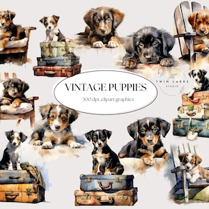 Clipart de cachorros vintage, cachorros de acuarela, formato PNG, descarga digital, uso comercial