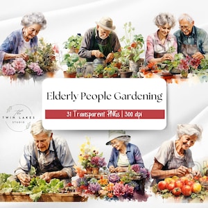 Ältere Gärtner Aquarell Clipart | Senioren Gartenarbeit | Alte Männer und Frauen bei der Gartenarbeit | Digitaler Download | Kommerzielle Nutzung