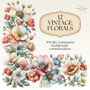 Vintage Floral Illustration, Retro Florals, Card Making Florals, Watercolor Vintage Flowers, Digital Download, Commercial Use, Clip Art