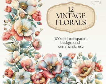 Vintage Floral Illustration, Retro Florals, Card Making Florals, Watercolor Vintage Flowers, Digital Download, Commercial Use, Clip Art