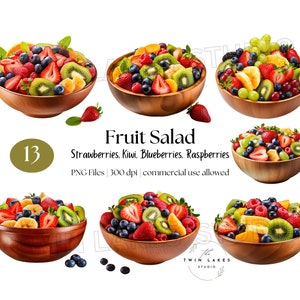 Mezcla nutritiva de ensalada de frutas mixtas - Fresas - Arándanos - Ensalada saludable - Imágenes prediseñadas - Descarga digital - Uso comercial