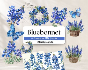 May include: A digital download of 32 watercolor bluebonnet flower illustrations and 2 background patterns. The flowers are blue and green with a butterfly. The text reads "Bluebonnet 32 Transparent PNGs | 300 dpi 2 Backgrounds".