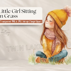 Grappig meisje zittend in het gras | Muurkunst voor kleine meisjes | Clipart | Digitale download | Commercieel gebruik