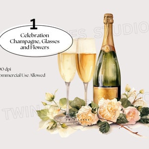 Célébration aquarelle avec champagne, verres à champagne et fleurs, clipart, téléchargement numérique, usage Commercial