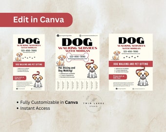 May include: A customizable Canva template for a dog walking and pet sitting business. The template features a cartoon dog, the business name "DOG WALKING SERVICES WITH MORGAN", a phone number, and the text "DOG WALKING AND PET SITTING".