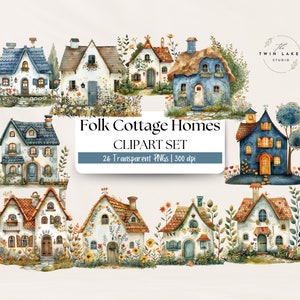 Watercolor Folk Cottages Clipart | Cottage Illustrations | Quirky Watercolor Houses | Digital Crafting | Digital Download | Commercial Use