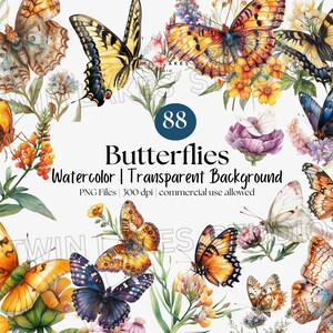 Watercolor Butterflies - Monarch Butterfly - Spring Butterflies - Clipart - Digital Download - Commercial Use